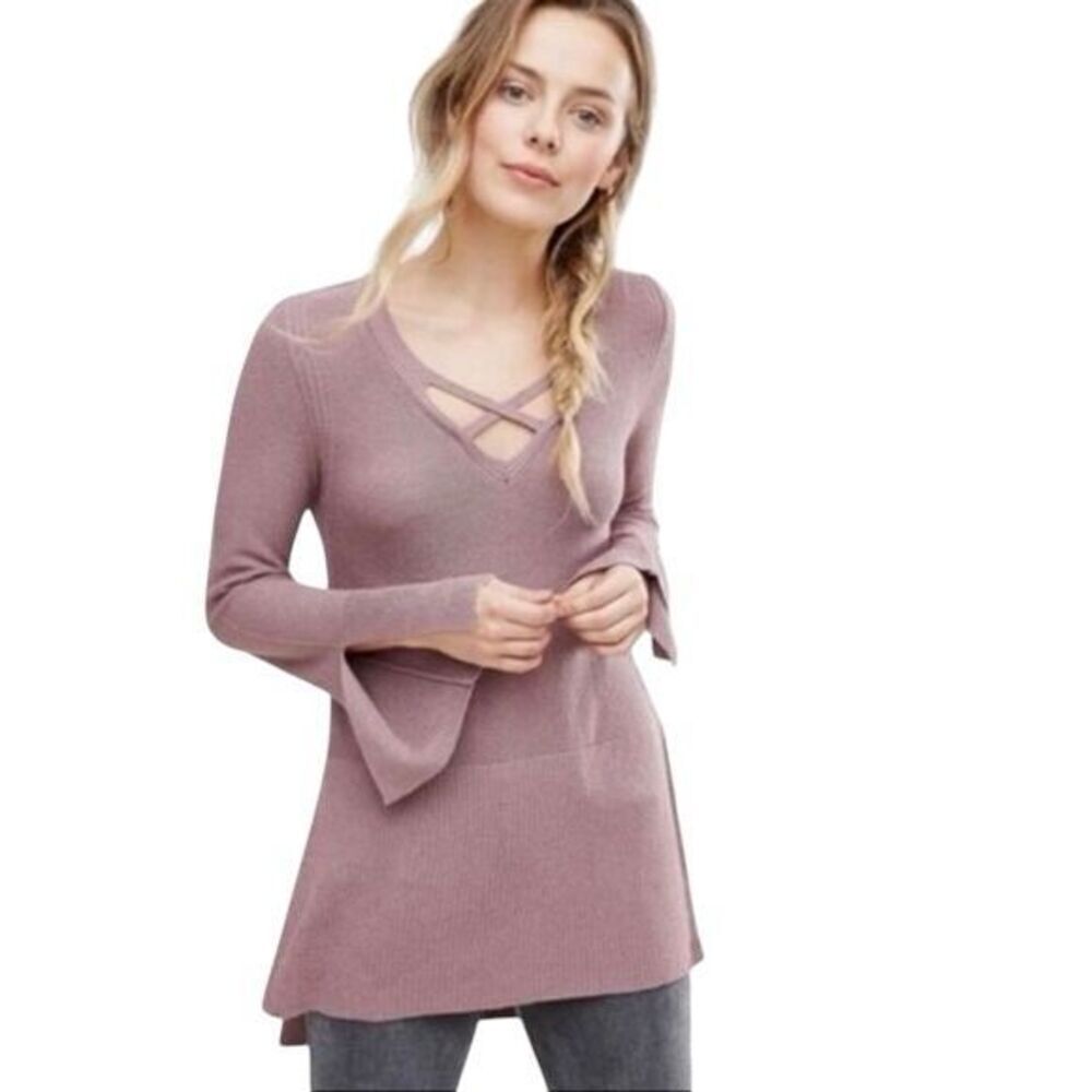 Free People Women's Criss Cross Hi-low Long Line Knit Tunic Sweater Mauve Small